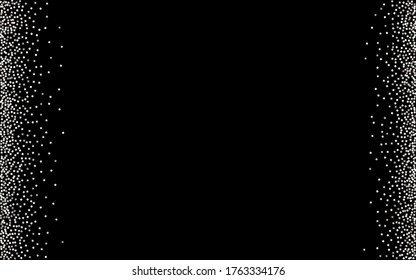 White Sparkle Golden Black Background. Isolated Dot Design. Silver Rain Glamour Wallpaper. Dust Modern Pattern.