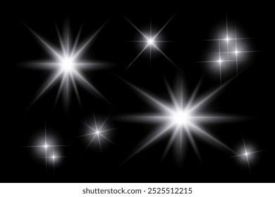 Luzes cintilantes brancas, luzes intermitentes, efeitos de luz, luz solar lente flare, raios brilhantes feixes, brilhante estrela no fundo preto.