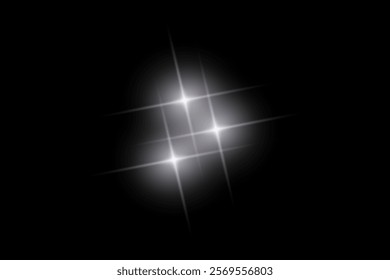 White sparkle  lights, flashing lights, light effects, sunlight lens flare, glowing ray beams, sparkling starsicon on black background.