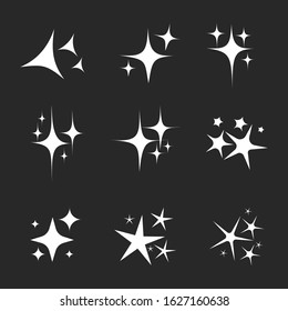 white sparkle star icon set on black background.