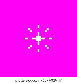 White sparkle star pixel art on pink background. Shiny game pixeled retro 8 bit flash effect. Y2K bright flare vector icon. Firework burst, glitter, space decoration. 90s aesthetic design element