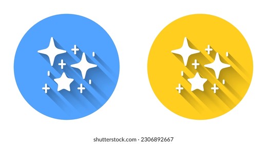 White Sparkle stars with magical glitter particles icon isolated with long shadow background. Magic christmas decoration. Circle button. Vector