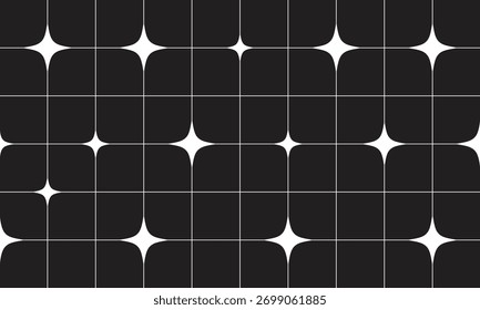Patrón de estrellas brillantes blancas sobre fondo negro - Vector estético Y2K, patrón de estrella de brillo mínimo - fondo monocromo sin fisuras