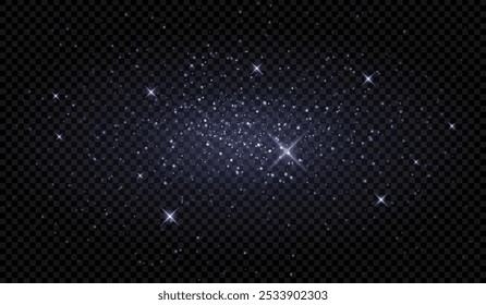 White sparkles. Glitter, shining particles, stars, festive glow, magic light, abstract, shimmer, glowing effect, celebration, transparent background, twinkle, bright, radiant.
