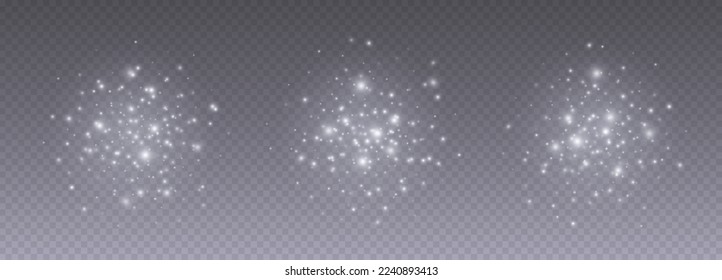 Espuelas blancas, efecto luminoso de partículas brillantes, estrellas brillantes, estallido cósmico, polvo estelar de hadas aislado sobre un fondo transparente. Ilustración vectorial.