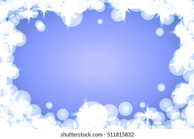 White sparkles, snowflakes frame abstract blue background. Light border, glitter. Merry Christmas card, Happy New Year celebration pattern. Holiday, festive, invitation design. Vector illustration