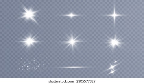 White sparkles.Bright star.Glow burst.Rays of the sun on a transparent background.