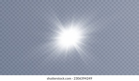 White sparkles.Bright star.Glow burst.Rays of the sun on a transparent background.