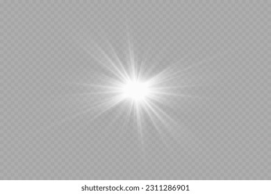 White sparkles.Bright star.Glow burst.Rays of the sun on a transparent background.