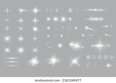 White sparkles.Bright star.Glow burst.Rays of the sun on a transparent background.