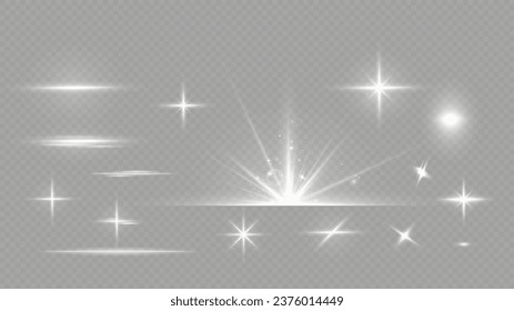 White sparkles.Bright star.Glow burst.Rays of the sun on a transparent background.	