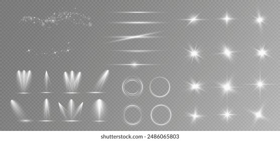 White sparkles.Bright star.Glow burst.Rays of the sun on a transparent background.