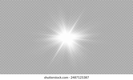 White sparkles.Bright star.Glow burst.Rays of the sun on a transparent background.

