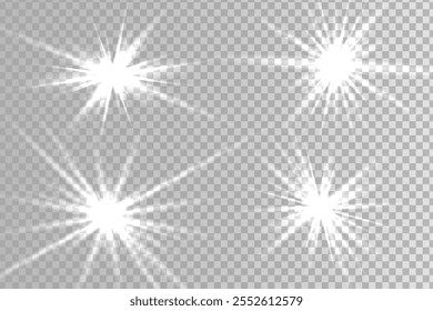 White sparkles.Bright star.Glow burst.Rays of the sun on a transparent background