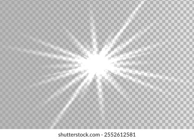 White sparkles.Bright star.Glow burst.Rays of the sun on a transparent background