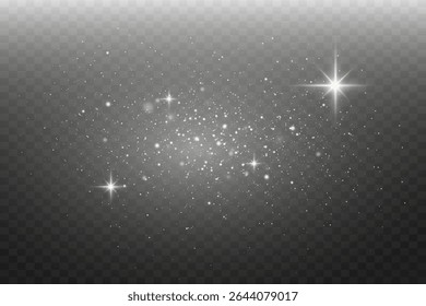 White sparkling glitter dust and glowing stars. On transparent background