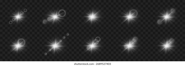 Luz brillante blanca y conjunto de lentes. Ilustración vectorial
