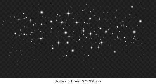Partículas de luz blanca brillante, polvo y brillos en forma de estrella dispersos en un fondo transparente, mágico, elegante y festivo ambiente con efectos de polvo de brillo flotante.