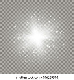 White sparkling outburst with transparent light effects. Magical starlight sparkling and glowing.