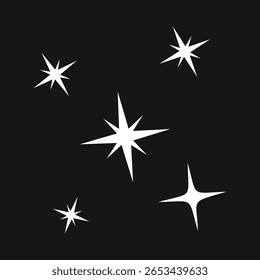 Estrelas cintilantes brancas sobre fundo preto. Ícones de estrelas cintilantes. Formas de torcer e estourar, brilhando símbolos de flash, efeito de luz brilhante isolado. Elementos de design gráfico. Ilustração vetorial