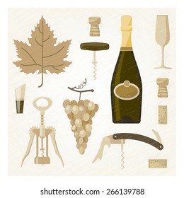 White and sparkling wine vintage illustration with wine bottle, glass, vine, corks and corkscrew