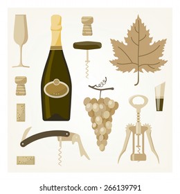 White and sparkling wine vintage illustration with wine bottle, glass, vine, corks and corkscrew