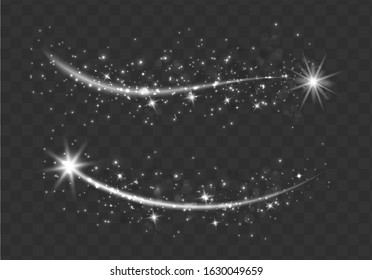 White sparks glitter special light effect.Sparkling magic dust particles.Cosmic glittering wave on transparent background.