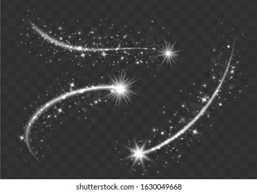 White sparks glitter special light effect.Sparkling magic dust particles.Cosmic glittering wave on transparent background.