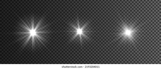 White sparks glitter special light effect. Set of flashes, star burst and sparkles. Sun glare on transparent background. Shine gradient sparkle, bright flare. White glowing lights explodes. Vector