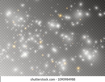 White sparks and golden stars glitter special light effect. Vector sparkles on transparent background. Christmas abstract pattern. Sparkling magic dust particles