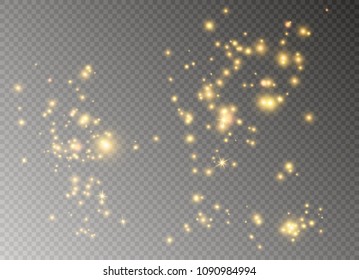 White sparks and golden stars glitter special light effect. Vector sparkles on transparent background. Christmas abstract pattern. Sparkling magic dust particles