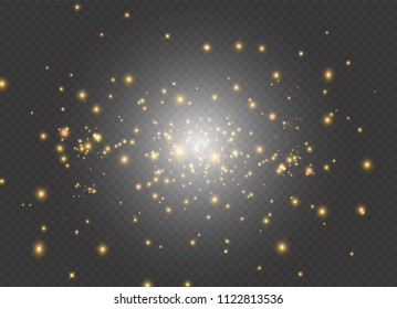 White sparks and golden stars glitter special light effect. Vector sparkles on transparent background. Christmas abstract