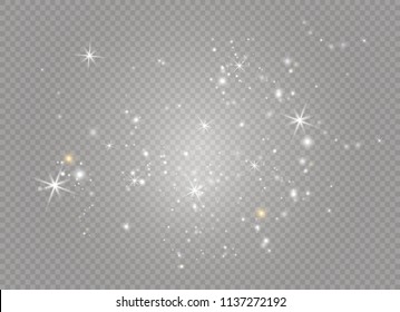 White sparks and golden stars glitter special light effect. Vector sparkles on transparent background. Christmas abstract pattern. Sparkling magic dust particles