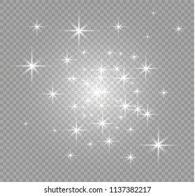 White sparks and golden stars glitter special light effect. Vector sparkles on transparent background. Christmas abstract pattern. Sparkling magic dust particles