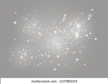 White sparks and golden stars glitter special light effect. Vector sparkles on transparent background. Christmas abstract pattern. Sparkling magic dust particles