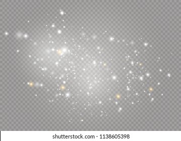 White sparks and golden stars glitter special light effect. Vector sparkles on transparent background. Christmas abstract pattern. Sparkling magic dust particles