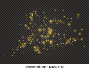 White sparks and golden stars glitter special light effect. Vector sparkles on transparent background. Christmas abstract pattern. Sparkling magic dust particles