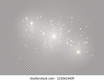 White sparks and golden stars glitter special light effect. Vector sparkles on transparent background. Christmas abstract pattern. Sparkling magic dust particles