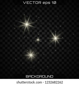 White sparks and golden stars glitter special light effect. Vector sparkles on transparent background. Christmas abstract pattern. Sparkling magic dust particles