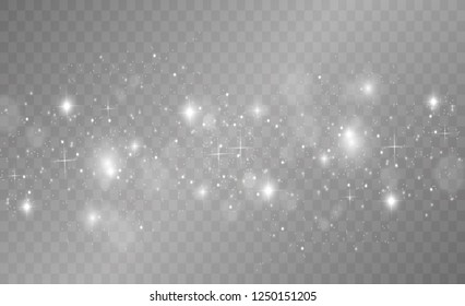 White sparks and golden stars glitter special light effect. Vector sparkles on transparent background. Christmas abstract pattern. Sparkling magic dust particles