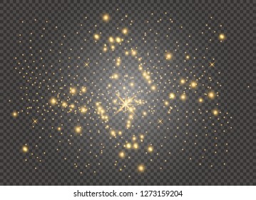 White sparks and golden stars glitter special light effect. Vector sparkles on transparent background. Christmas abstract pattern. Sparkling magic dust particles