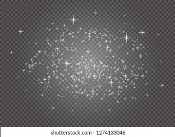 White sparks and golden stars glitter special light effect. Vector sparkles on transparent background. Christmas abstract pattern. Sparkling magic dust particles