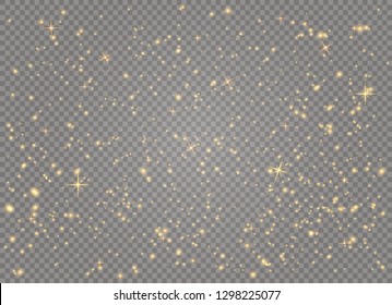 White sparks and golden stars glitter special light effect. Vector sparkles on transparent background. Christmas abstract pattern. Sparkling magic dust particles