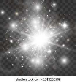 White sparks and golden stars glitter special light effect. Vector sparkles on transparent background. Christmas abstract pattern. Sparkling magic dust particles