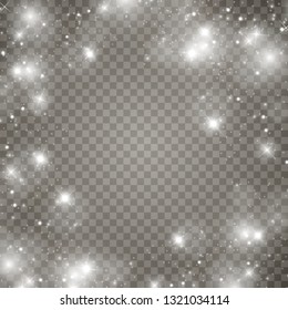 White sparks and golden stars glitter special light effect. Vector sparkles on transparent background. Christmas abstract pattern. Sparkling magic dust particles