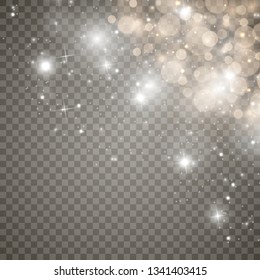 White sparks and golden stars glitter special light effect. Vector sparkles on transparent background. Christmas abstract pattern. Sparkling magic dust particles