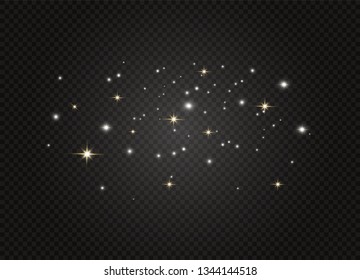 White sparks and golden stars glitter special light effect. Vector sparkles on transparent background. Christmas abstract pattern. Sparkling magic dust particles