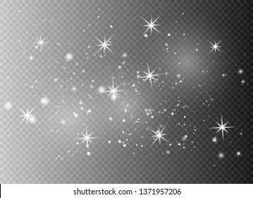 White sparks and golden stars glitter special light effect. Vector sparkles on transparent background. Christmas abstract pattern. Sparkling magic dust particles