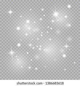 White sparks and golden stars glitter special light effect. Vector sparkles on transparent background. Christmas abstract pattern. Sparkling magic dust particles