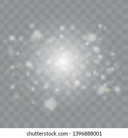 White sparks and golden stars glitter special light effect on transparent background. Christmas abstract pattern. Sparkling magic dust particles.